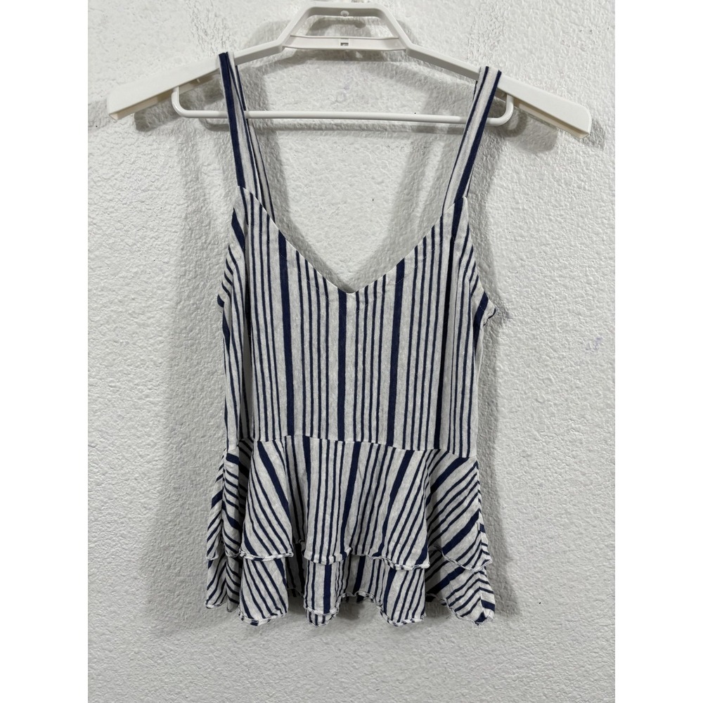 Chasor Tank Top Womens Small Blue White‎ Stripe Linen Peplum Ruffle Cami
